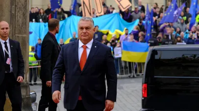 Hungarian Prime Minister Viktor Orban in front of Ukrainian and EU Flags