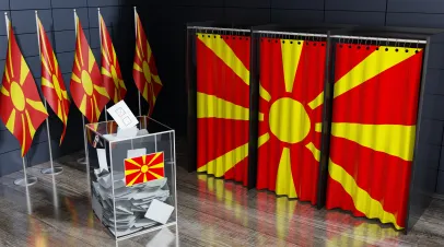 North Macedonia - voting booths and ballot box - election concept - 3D illustration