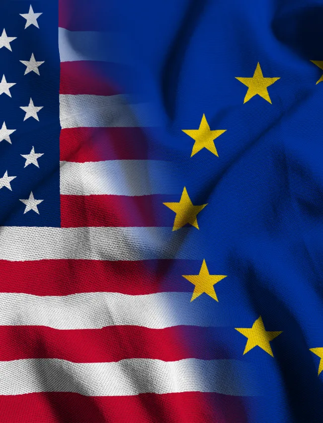 National flag of the United States with European Union on a waving cotton texture background