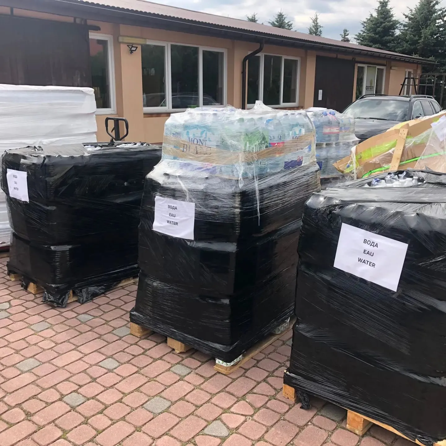 Pallets of water delivered to the city of Nikopol, Ukraine