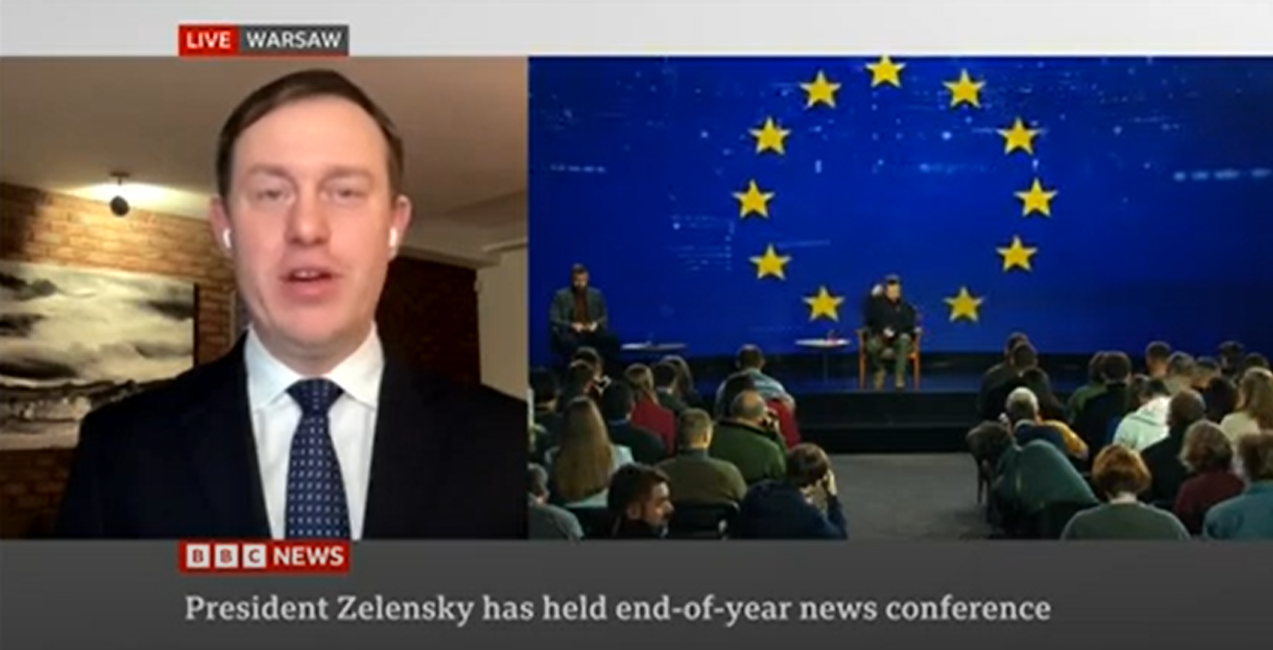 Screencap from BBC news segment about President Zelenskyys news conference