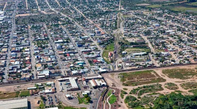 USA-Mexico Border Wall and port of entry viewed from above at Douglas, Arizona looking into Agua Prieta, Mexico