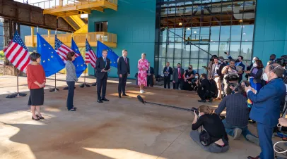 Secretary of State Antony J. Blinken participates in a U.S.-EU Trade and Technology Council Ministerial family photo in Pittsburgh, Pennsylvania, on September 29, 2021.