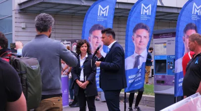 Budapest, Hungary, September 1, 2021: politicians Anna Orosz and Peter Marki-Zay are campaigning at the first round of ministerial pre-election event in center of New-Buda