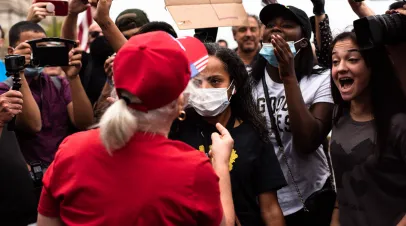 Kenosha/Wisconsin - September 2 2020: Trump supporters and protesters gather and interact in downtown Kenosha.