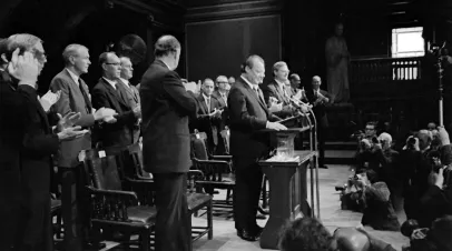 Willy Brandt at GMF founding at Harvard University in 1972