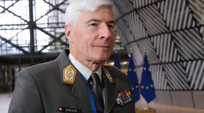 Chairman of the European Union Military Committee, Austrian General Robert Brieger, speaks to the press as he arrives to attend a EU Defence Ministers Council in Brussels, Belgium, 17 May 2022.