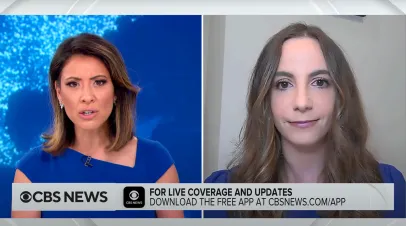 CBS News' Lana Zak dressed in blue on blue map background on left. in the right screen, Lindsay Gorman sits against a white background wearing a blazer