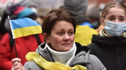 Ukrainian citizens protests in New York City against the war after Russia started the invasion of Ukraine.