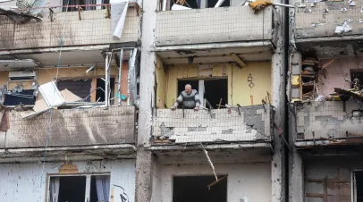 A residential building damaged by an enemy aircraft in the Ukrainian capital Kyiv