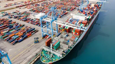 Container ship being loaded and unloaded at terminal freight port