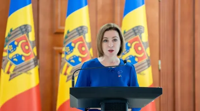 President of Moldova Maia Sandu speaks at joint media briefing with President of Greece, Katerina Sakellaropoulou