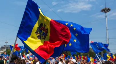 Assembly of the European Moldova. National meeting of the Moldavian people. Flag of the European Union and Republic of Moldova. Chisinau, Moldova - 21 May 2023.