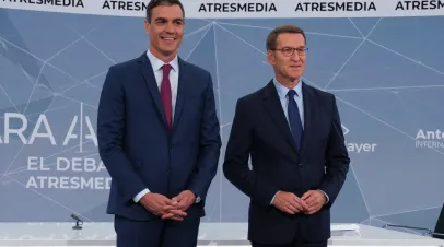 Pedro Sanchez, Spain's prime minister and leader PSOE and Alberto Nunez Feijoo, leader of the People's Party standing on the stage at a debate