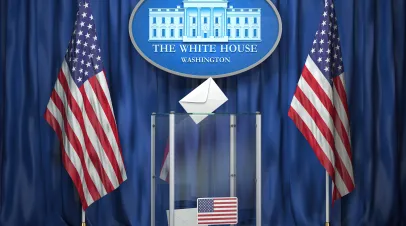 US Presidentilal Election concept. Ballot box with USA flags and sign of White House.
