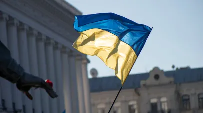 Ukrainian flag waving in the air