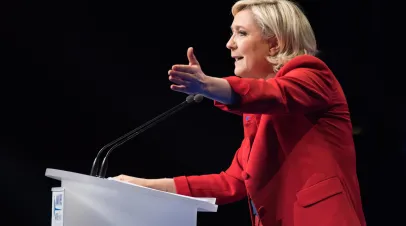Marine Le Pen, from the Front National, a national-conservative political party in France in meeting for the presidential election of 2017 at the Zenith of Paris.