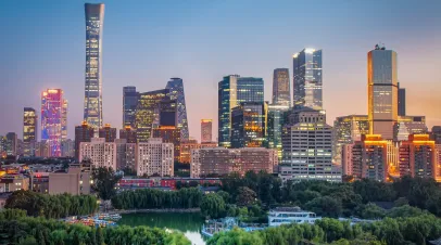 Skyline of Beijing, China at sunset