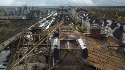 Aerial view of reconstruction of bomb-damaged homes in Bucha, Ukraine