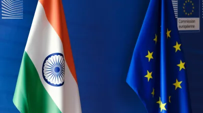 EU and India flags EU headquarters in Brussels, Belgium on May 16, 2023.