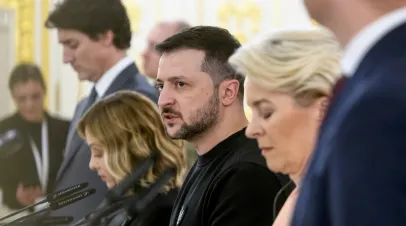 Ukrainian President Zelenskiy, European Commission President Ursula von der Leyen, Belgium's PM Alexander De Croo, Italian PM Giorgia Meloni, and Canadian PM Justin Trudeau in Kyiv, Ukraine 24-02-2024