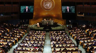 Interior of the UN showing a session in progress