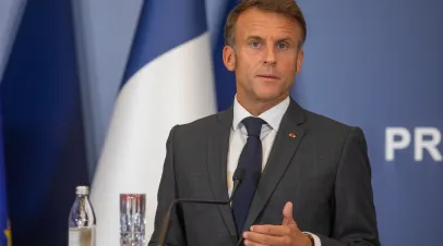 Belgrade, Serbia - 30. August 2024. French president Emmanuel Macron speaks on press conference during his visit in Serbia state, Belgrade, Serbia