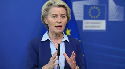 European Commission President Ursula von der Leyen speaks during a media conference after a meeting of the College of Commissioners at EU headquarters in Brussels.