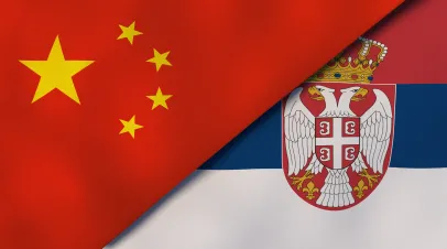 Two states flags of China and Serbia. High quality business background. 3d illustration