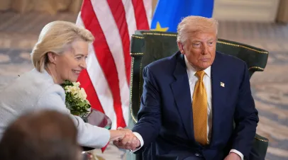 Andrew Harnik/Getty Images Trump and Von Der Lyon shake hands