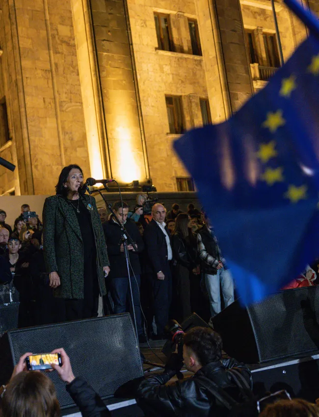 Georgian President Salome Zourabichvili addresses the crowd at a protest outside the Georgian Parliament on October 28, 2024 in Tbilisi, Georgia